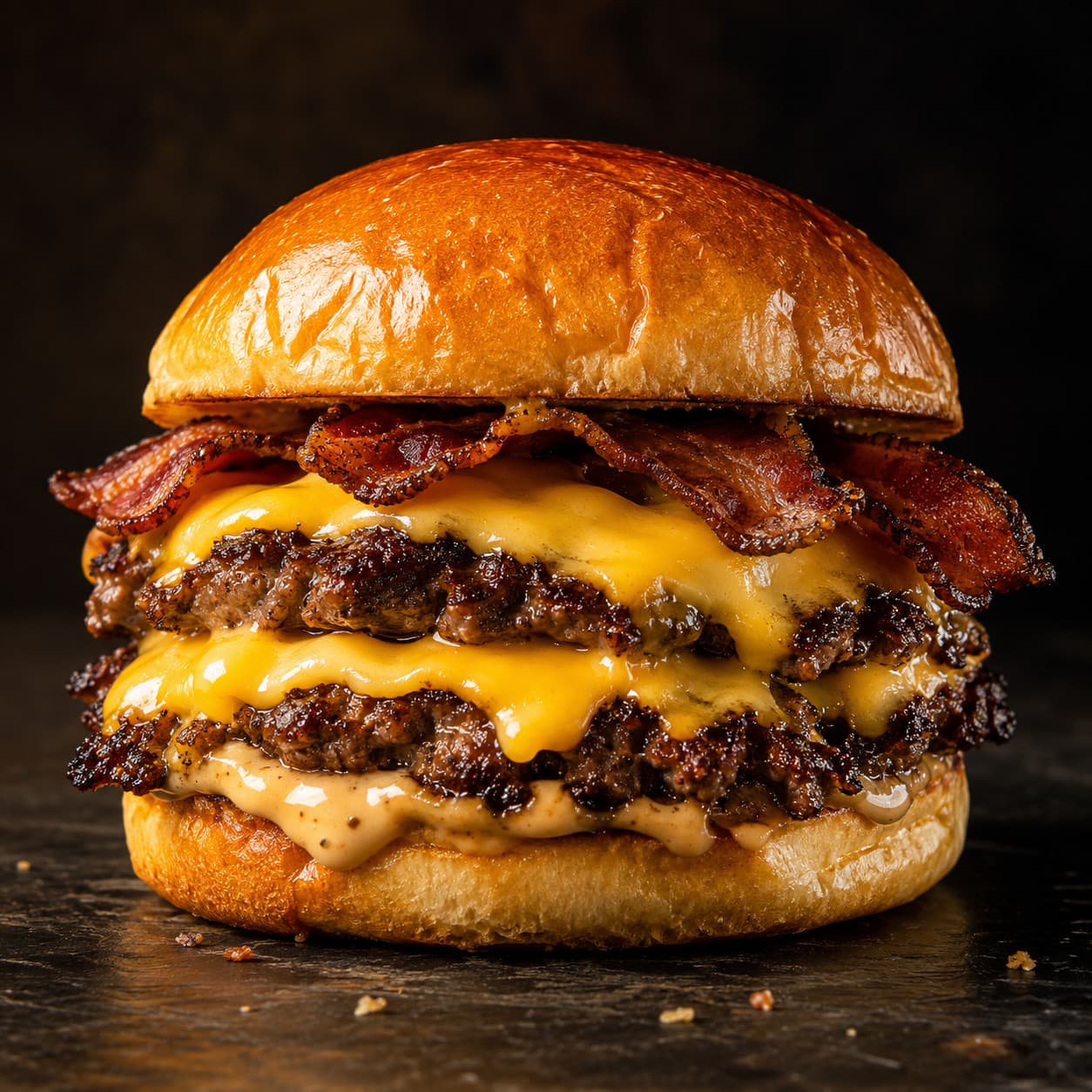 A double smash burger with melted cheese and crisp beef bacon in a glossy toasted bun